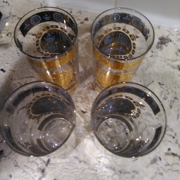 Vintage high ball tumblers set gold & blue fluer de lis & crowns detail - Picture 4 of 5